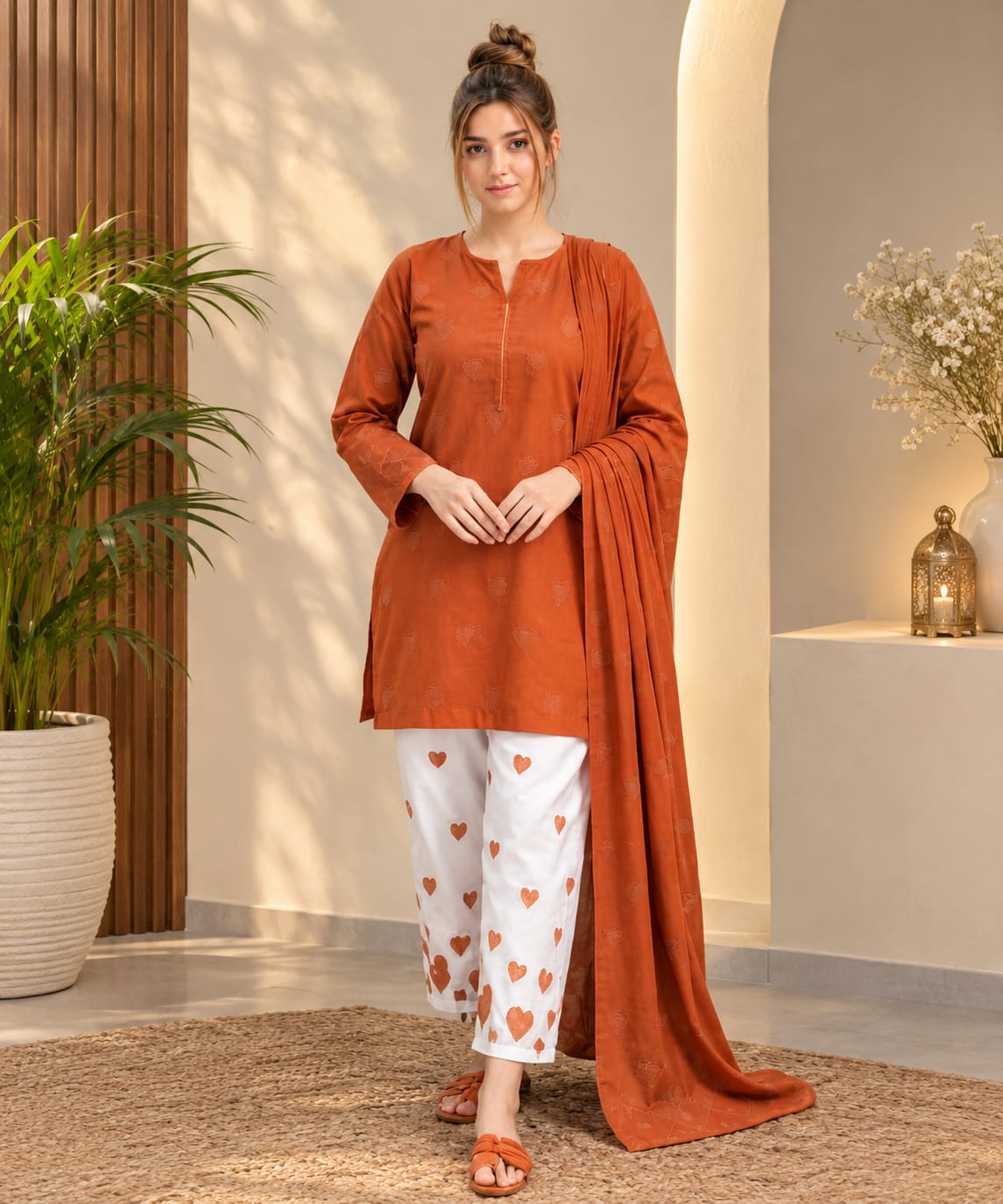 Rust Orange Dhanak Embroidered Suit