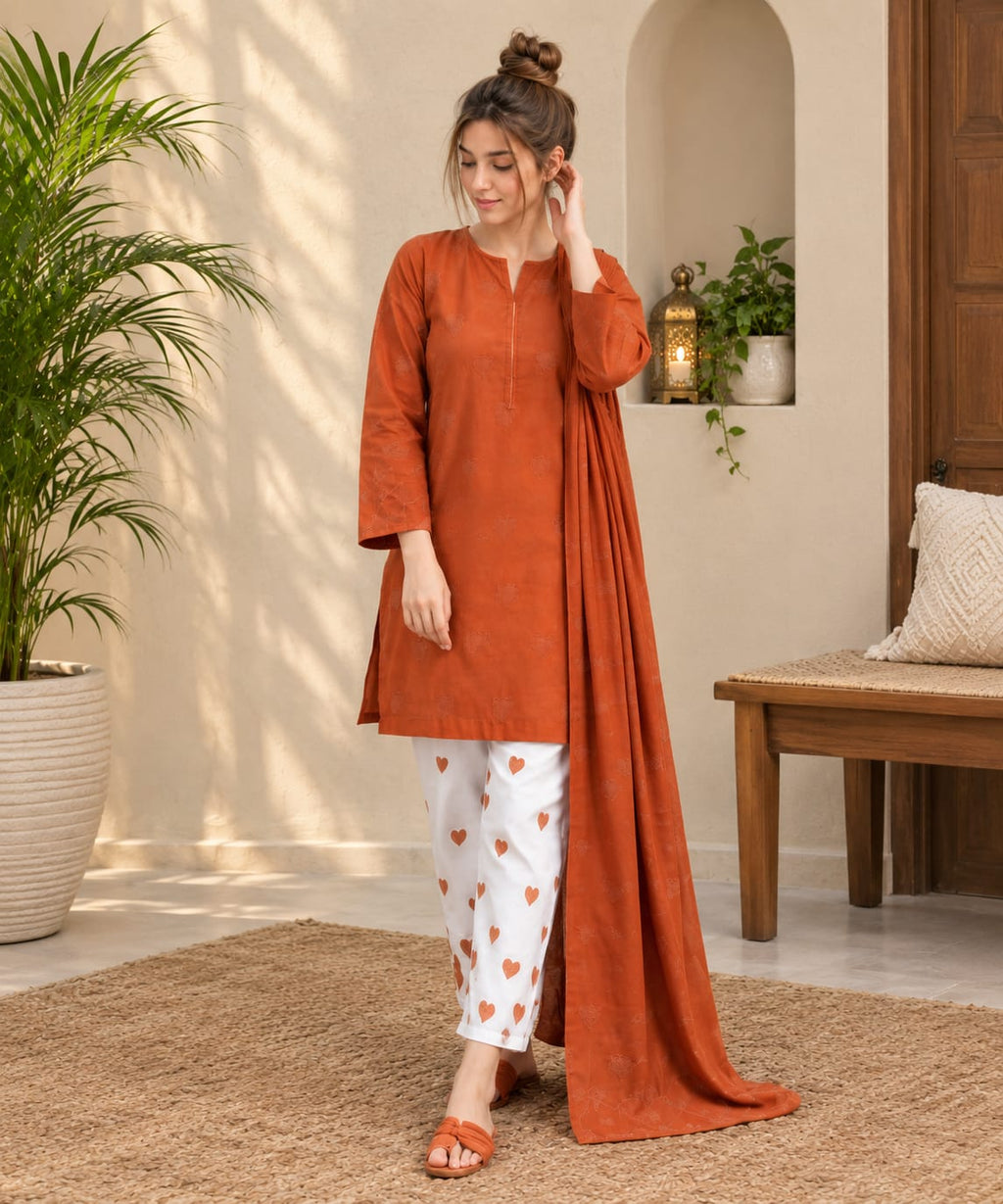 Rust Orange Dhanak Embroidered Suit