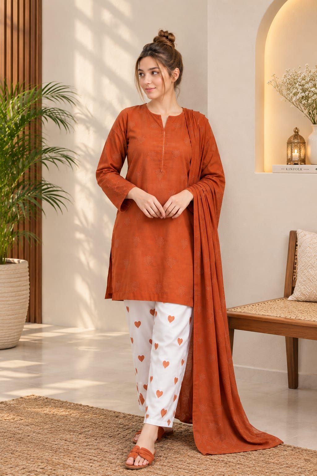 Rust Orange Dhanak Embroidered Suit