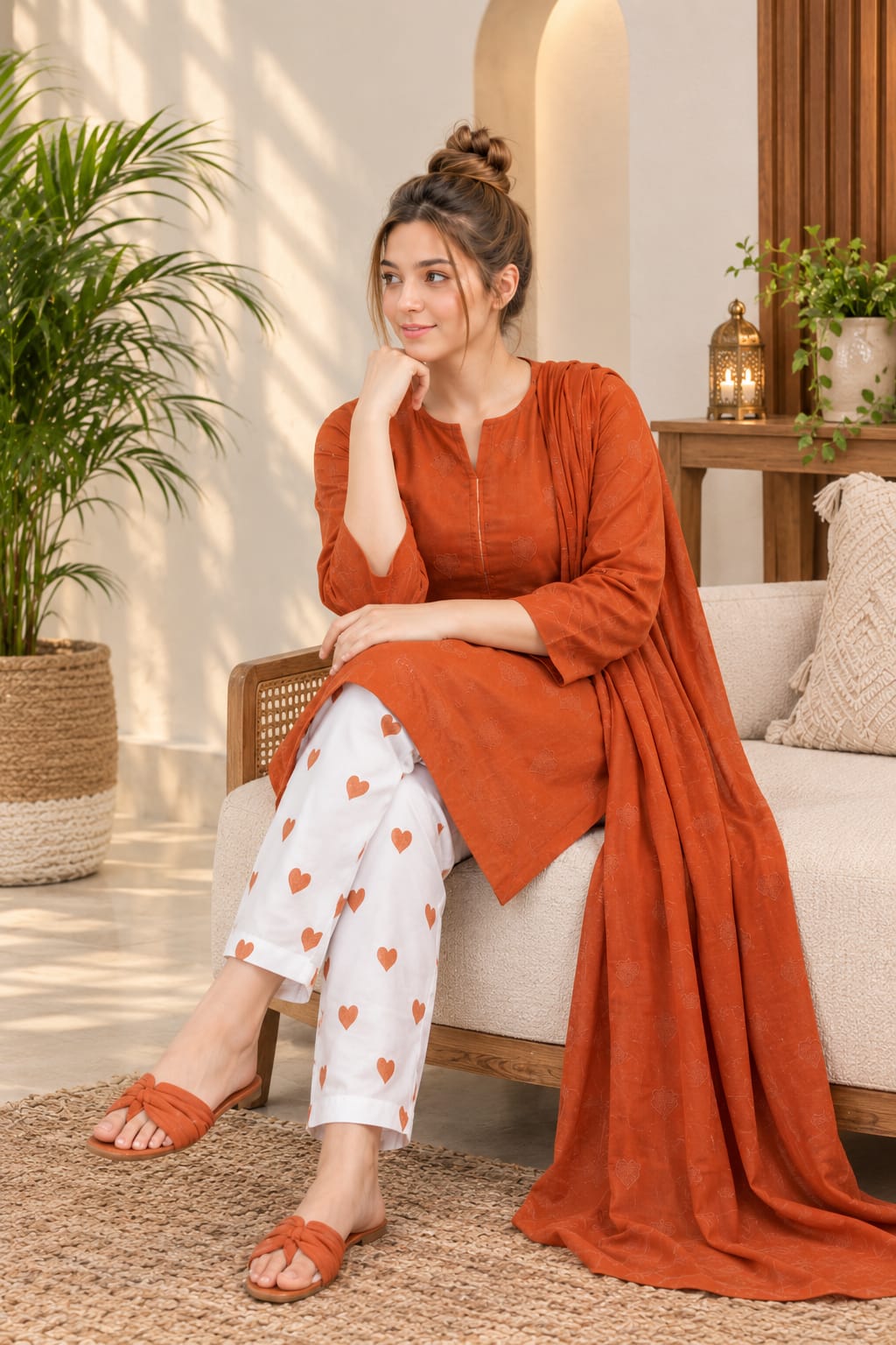 Rust Orange Dhanak Embroidered Suit