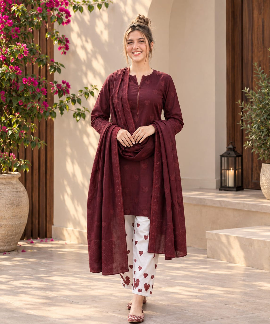 Elegant Maroon Printed Unstitched 3-Piece Suit