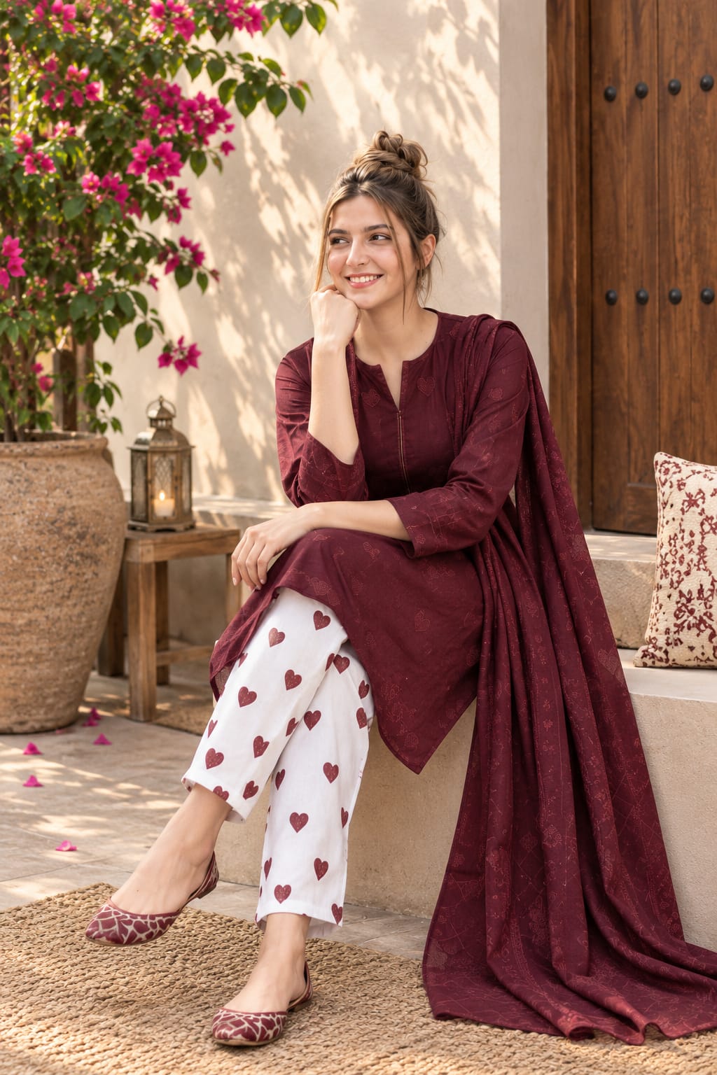 Elegant Maroon Printed Unstitched 3-Piece Suit