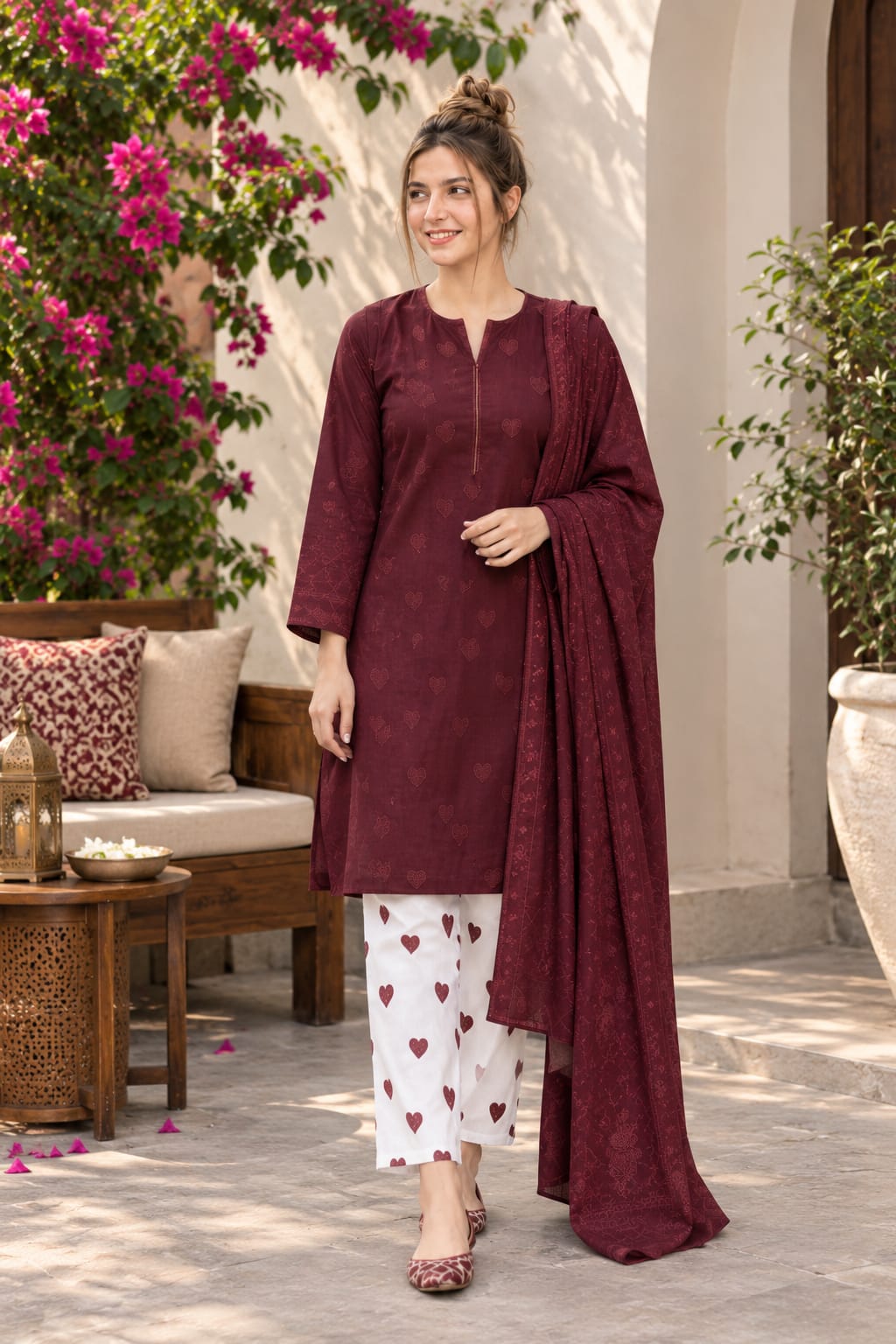 Elegant Maroon Printed Unstitched 3-Piece Suit