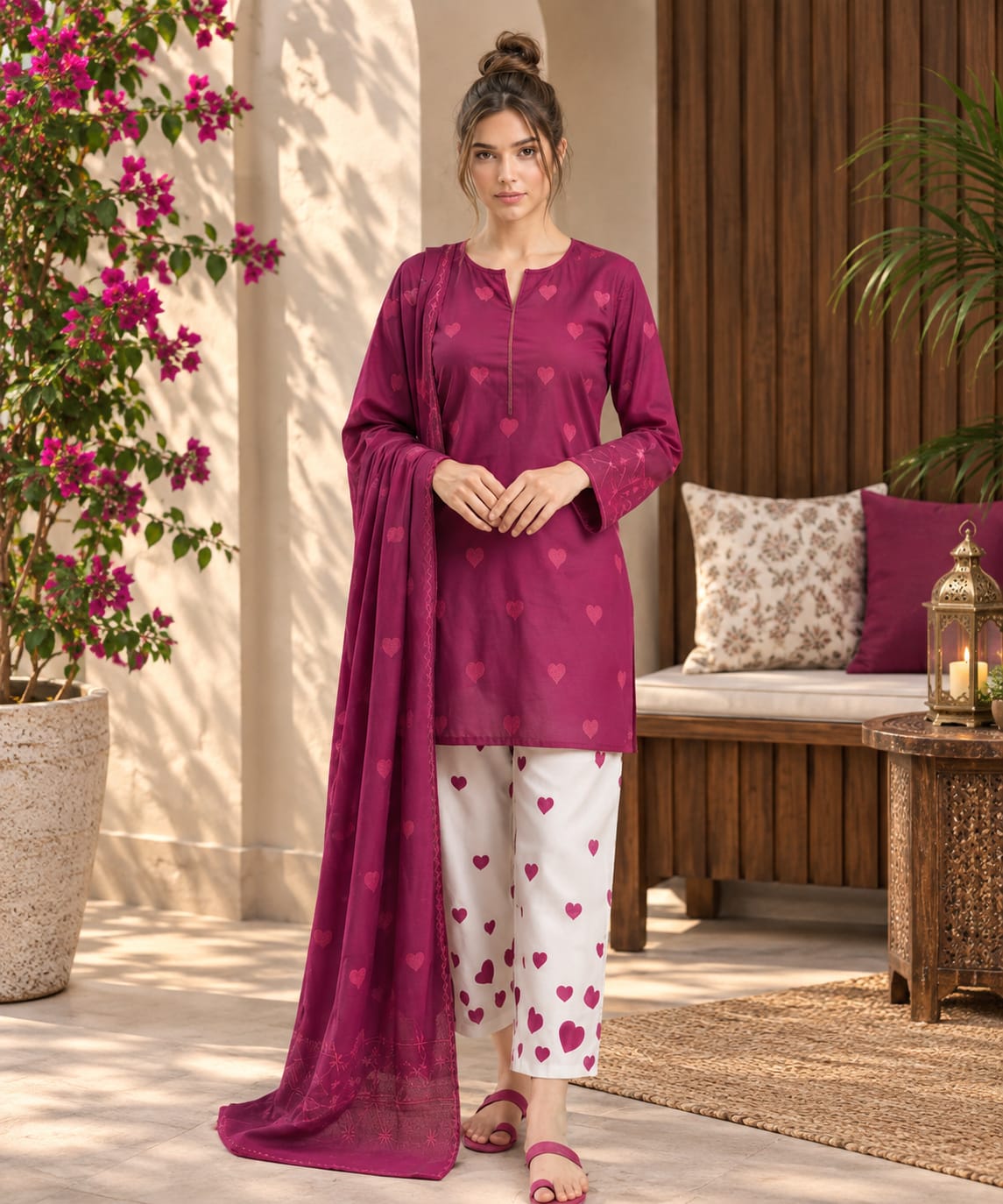 Berry pink Printed Dhanak Unstitched 3-Piece Suit