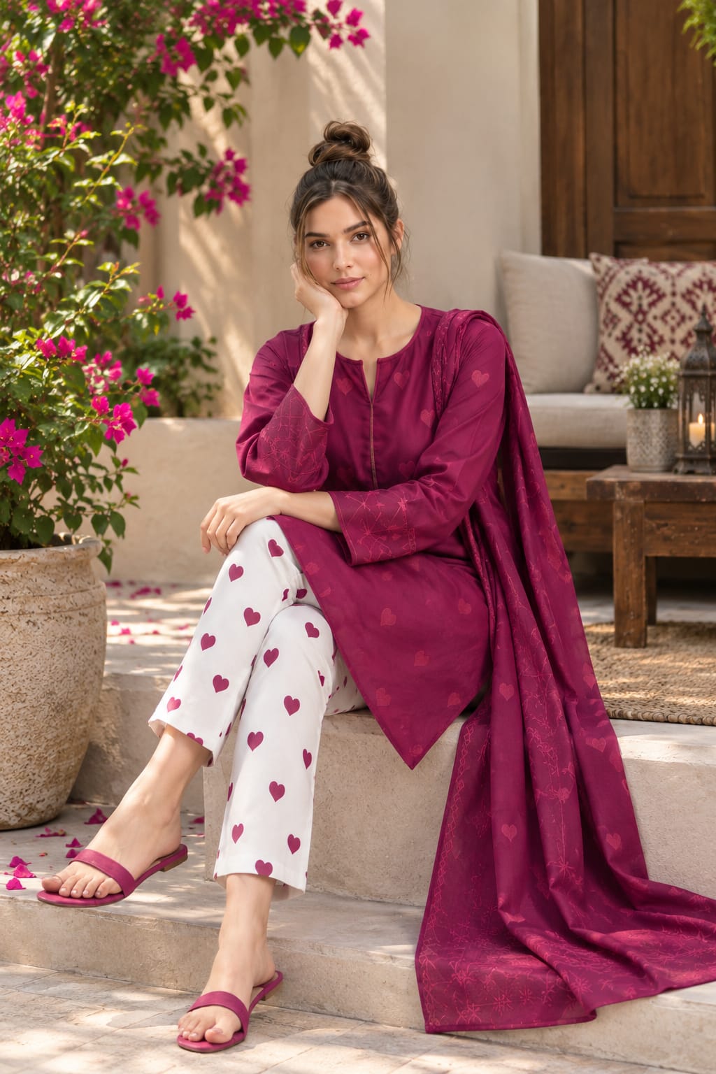 Berry pink Printed Dhanak Unstitched 3-Piece Suit