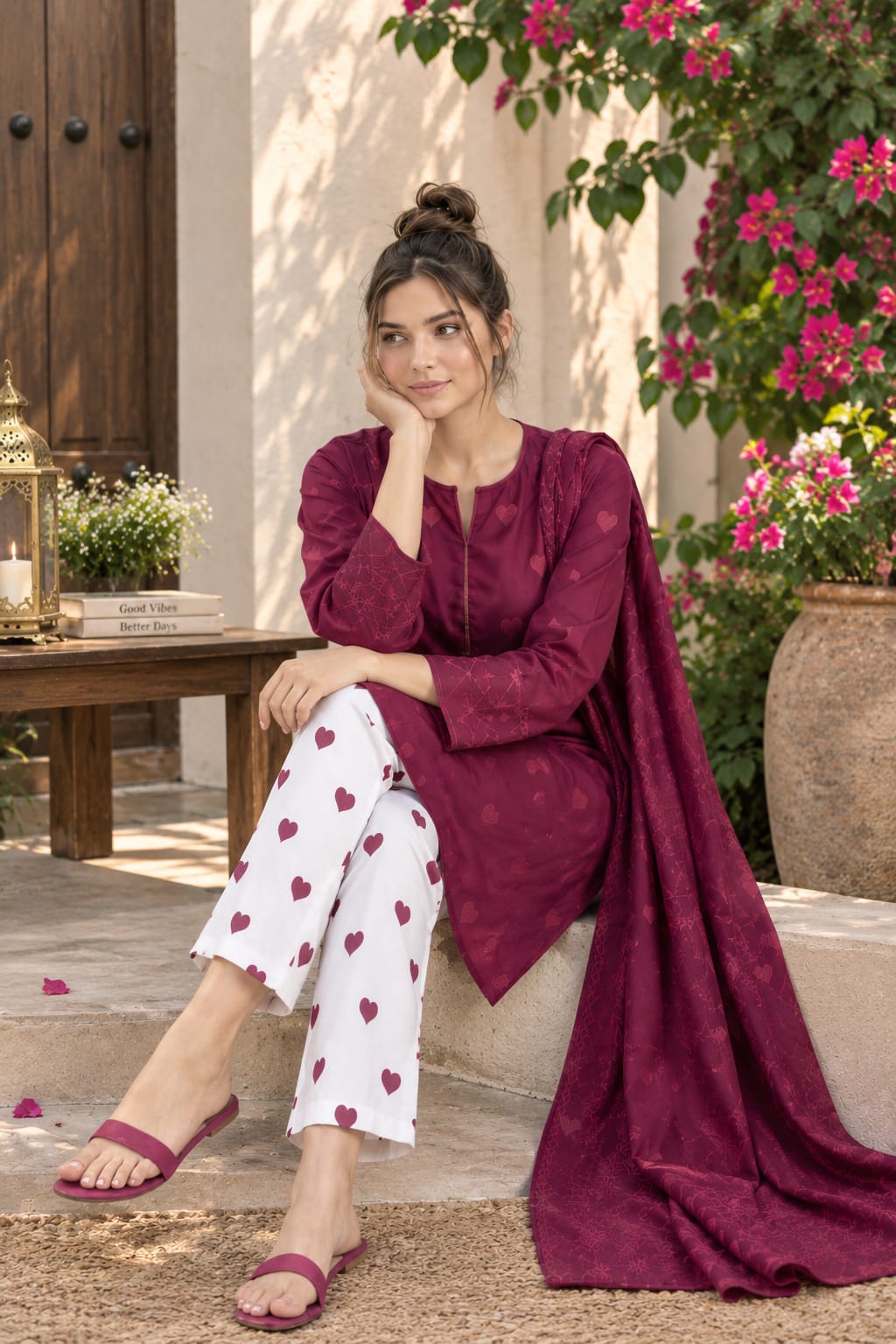 Berry pink Printed Dhanak Unstitched 3-Piece Suit