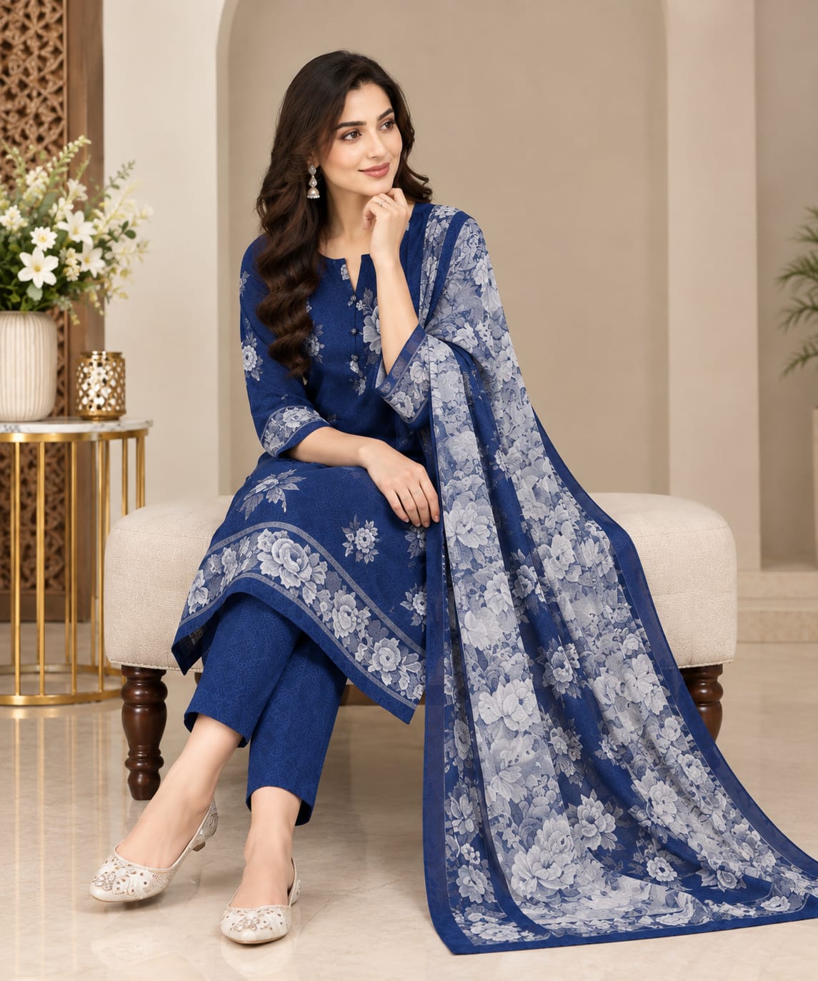 Royal Blue Floral Printed Unstitched 3-Piece Suit