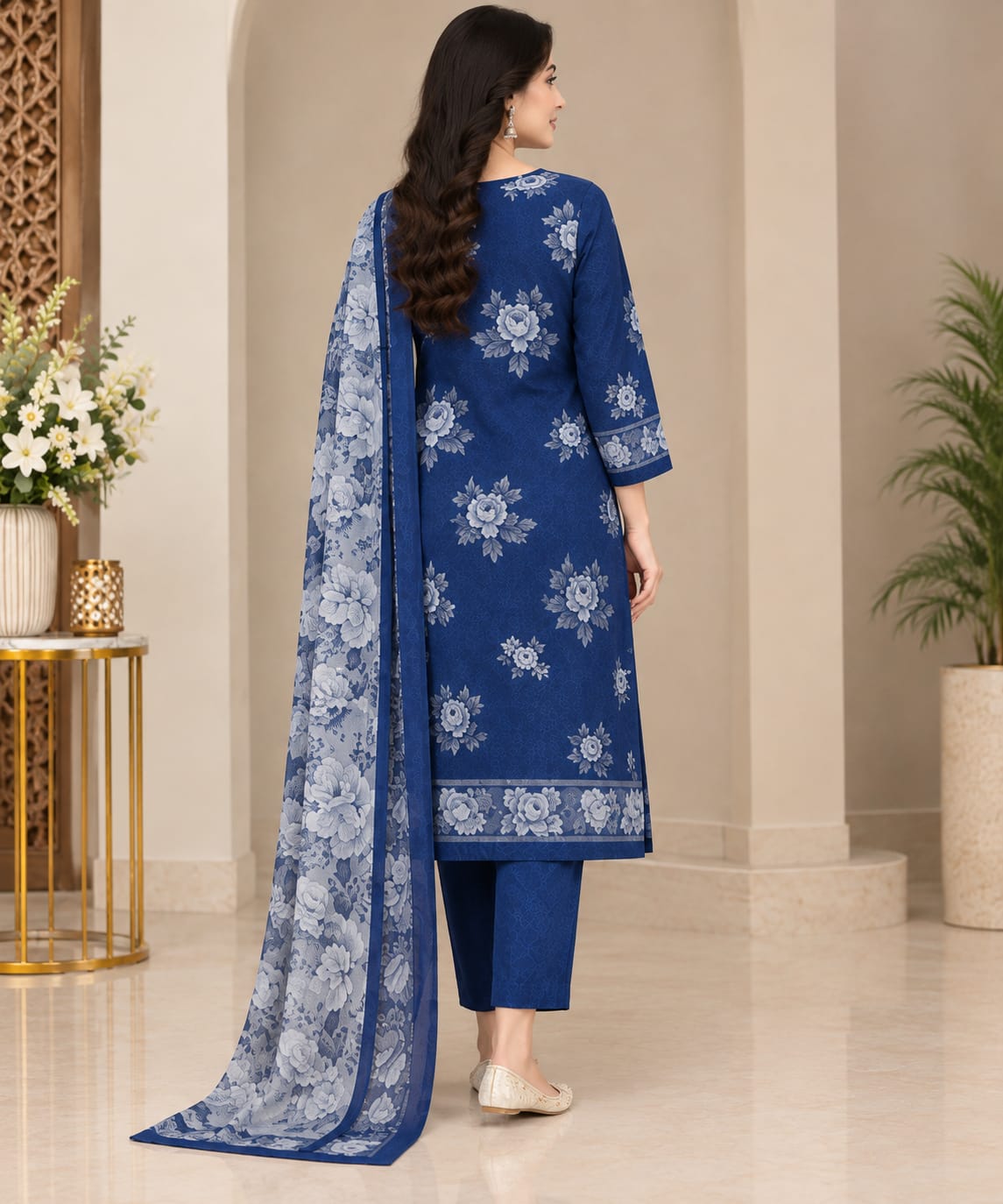 Royal Blue Floral Printed Unstitched 3-Piece Suit