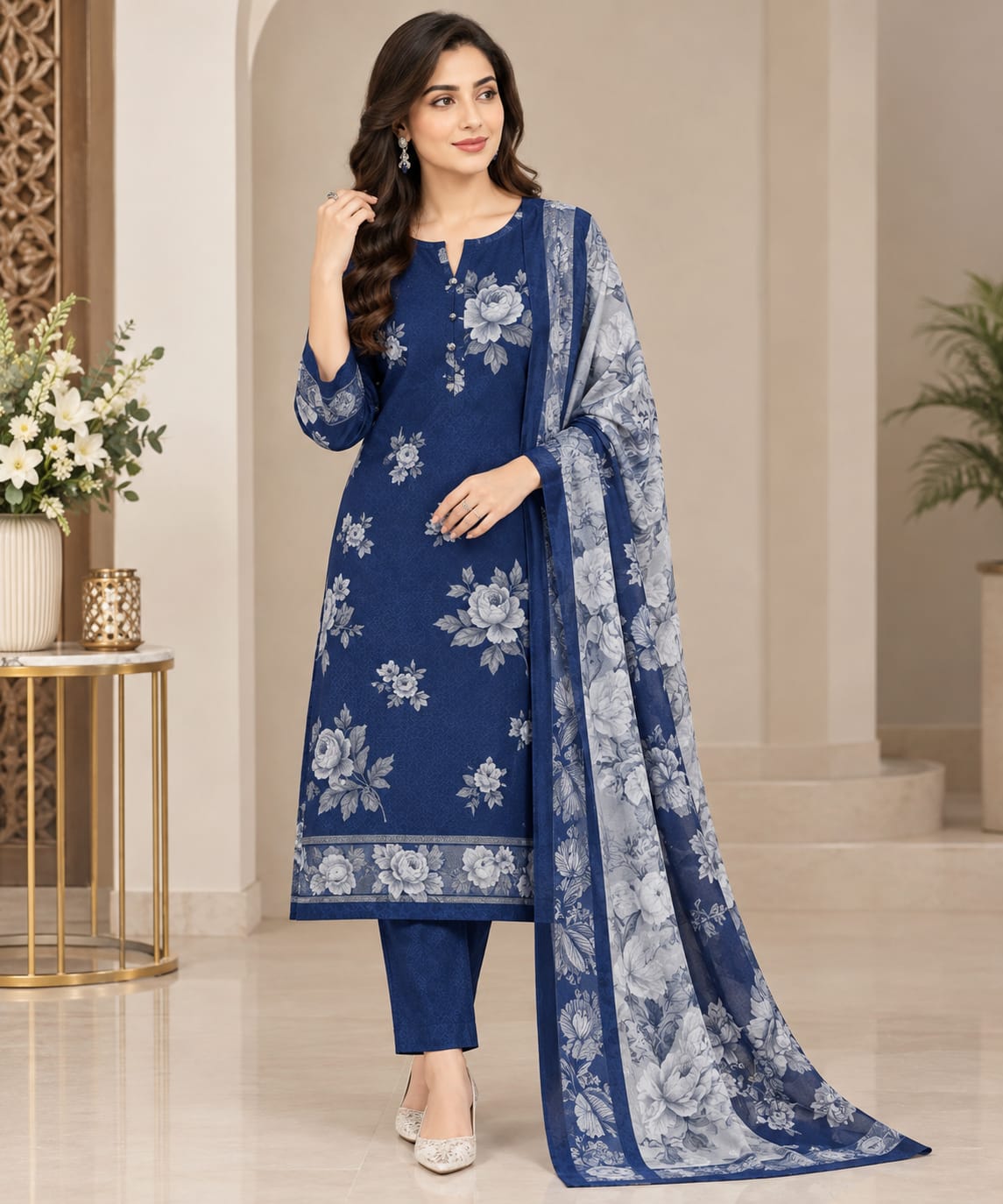 Royal Blue Floral Printed Unstitched 3-Piece Suit