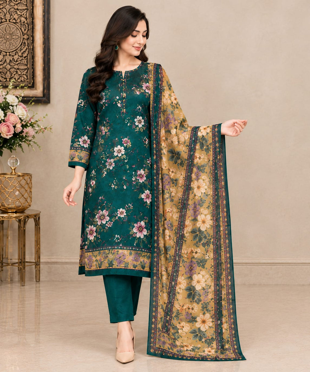 Elegant Teal Floral Printed Unstitched 3-Piece Suit
