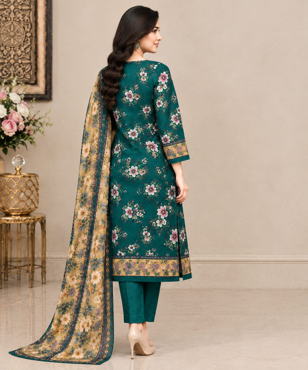 Elegant Teal Floral Printed Unstitched 3-Piece Suit