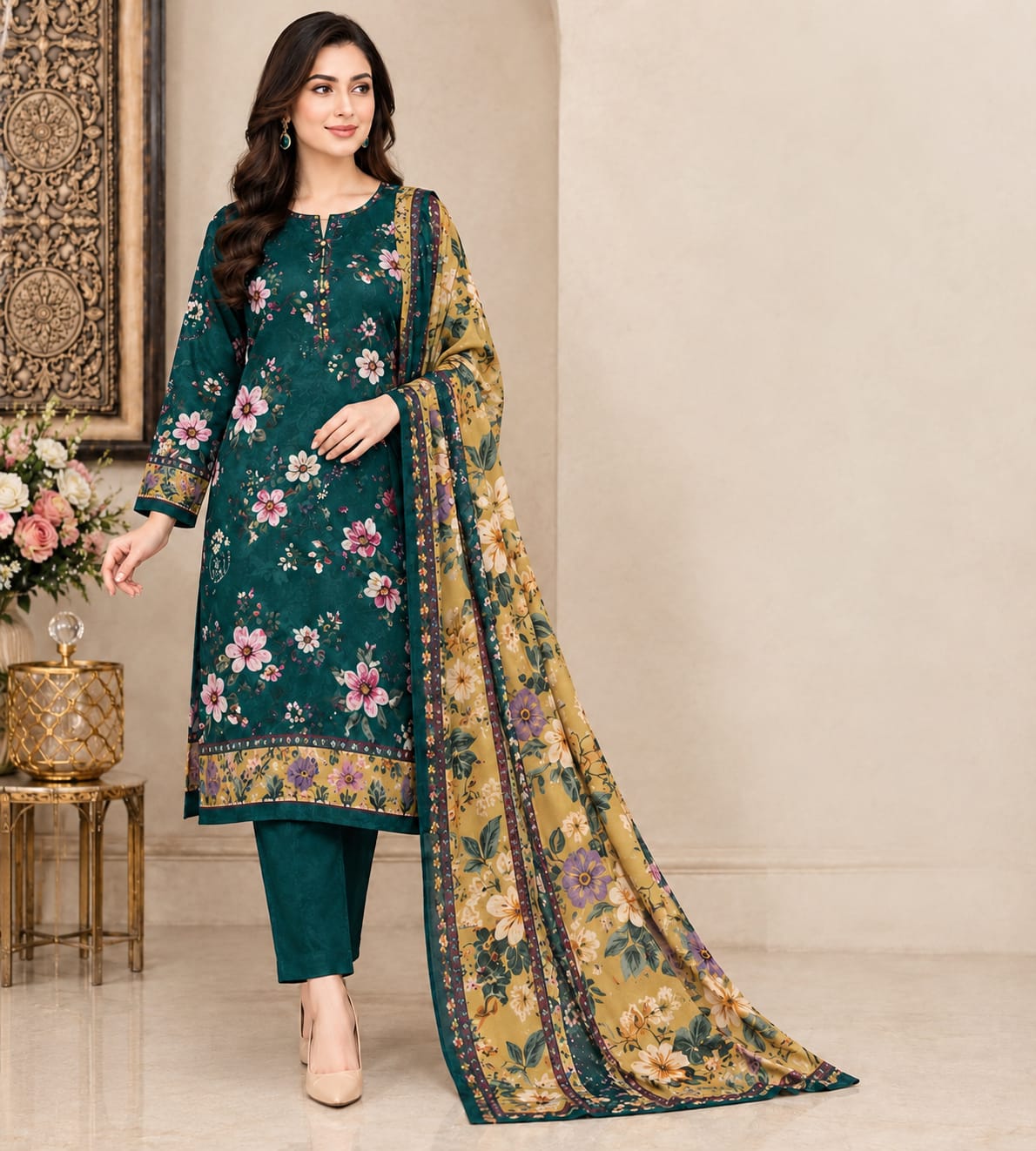 Elegant Teal Floral Printed Unstitched 3-Piece Suit