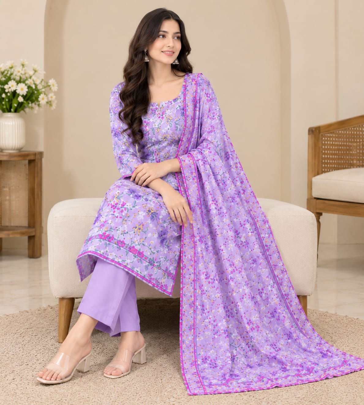 Lavender Bloom Digital Printed 3-Piece Suit