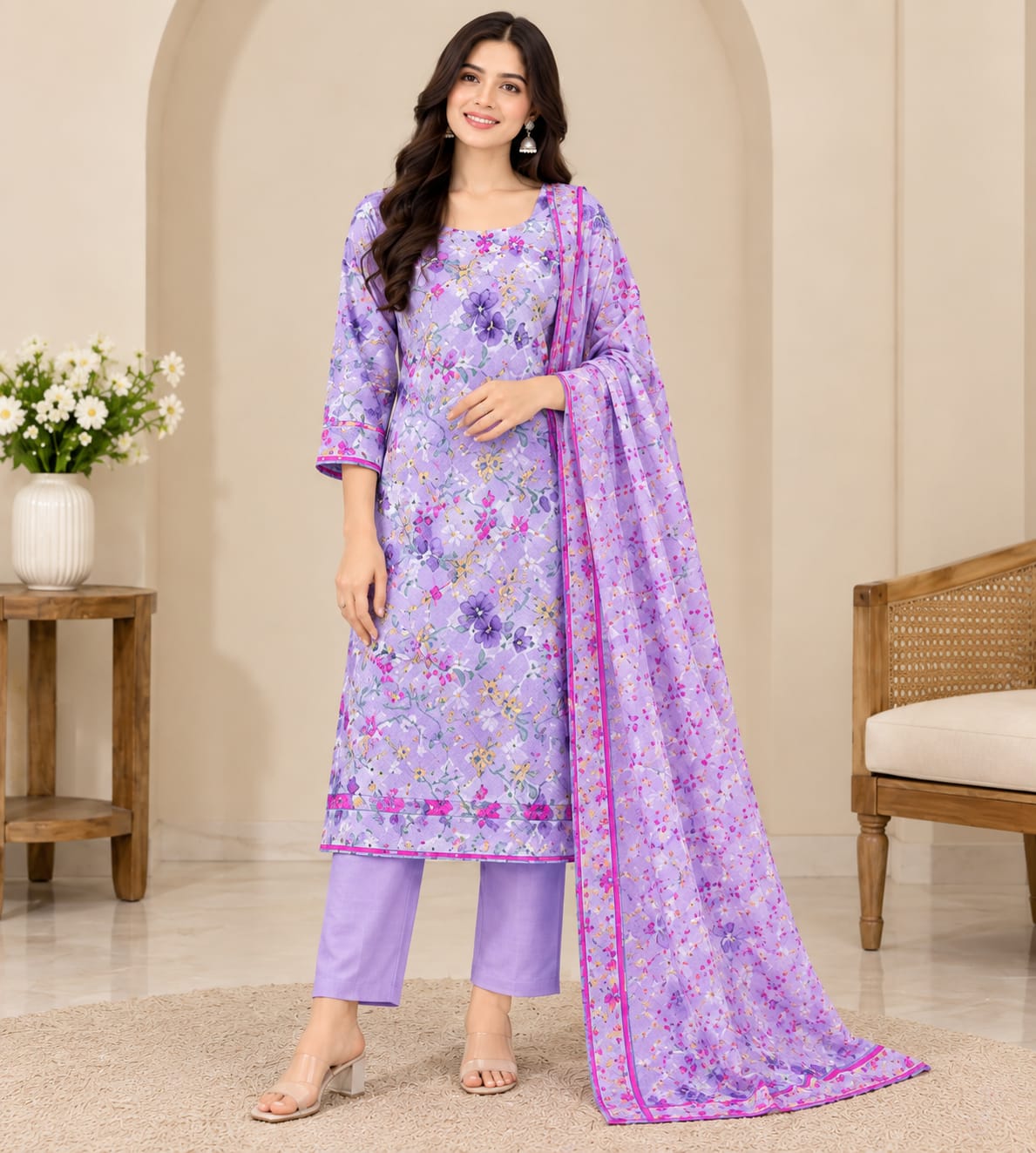 Lavender Bloom Digital Printed 3-Piece Suit