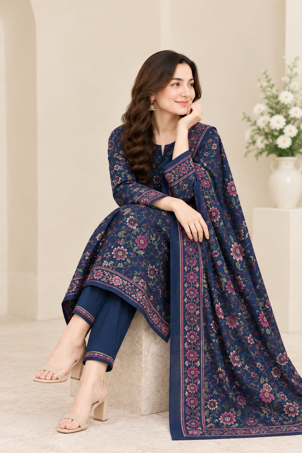 Dhanak 3PC Navy Blue Printed suit