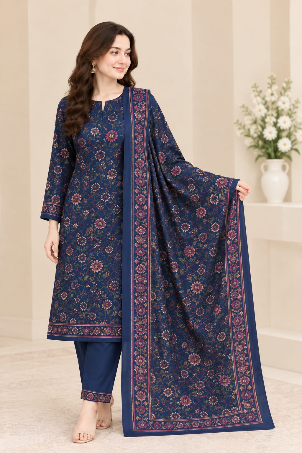 Dhanak 3PC Navy Blue Printed suit