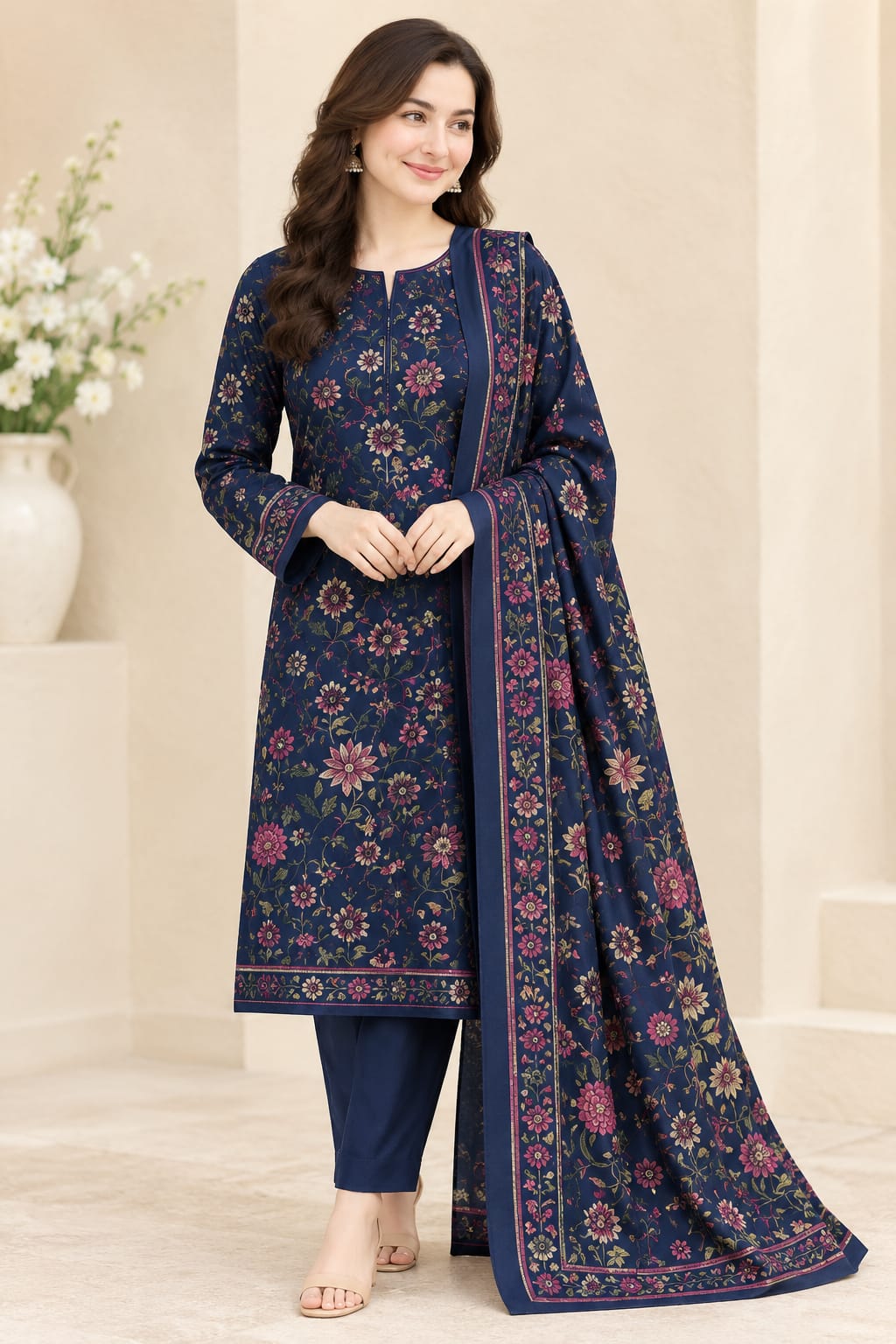 Dhanak 3PC Navy Blue Printed suit