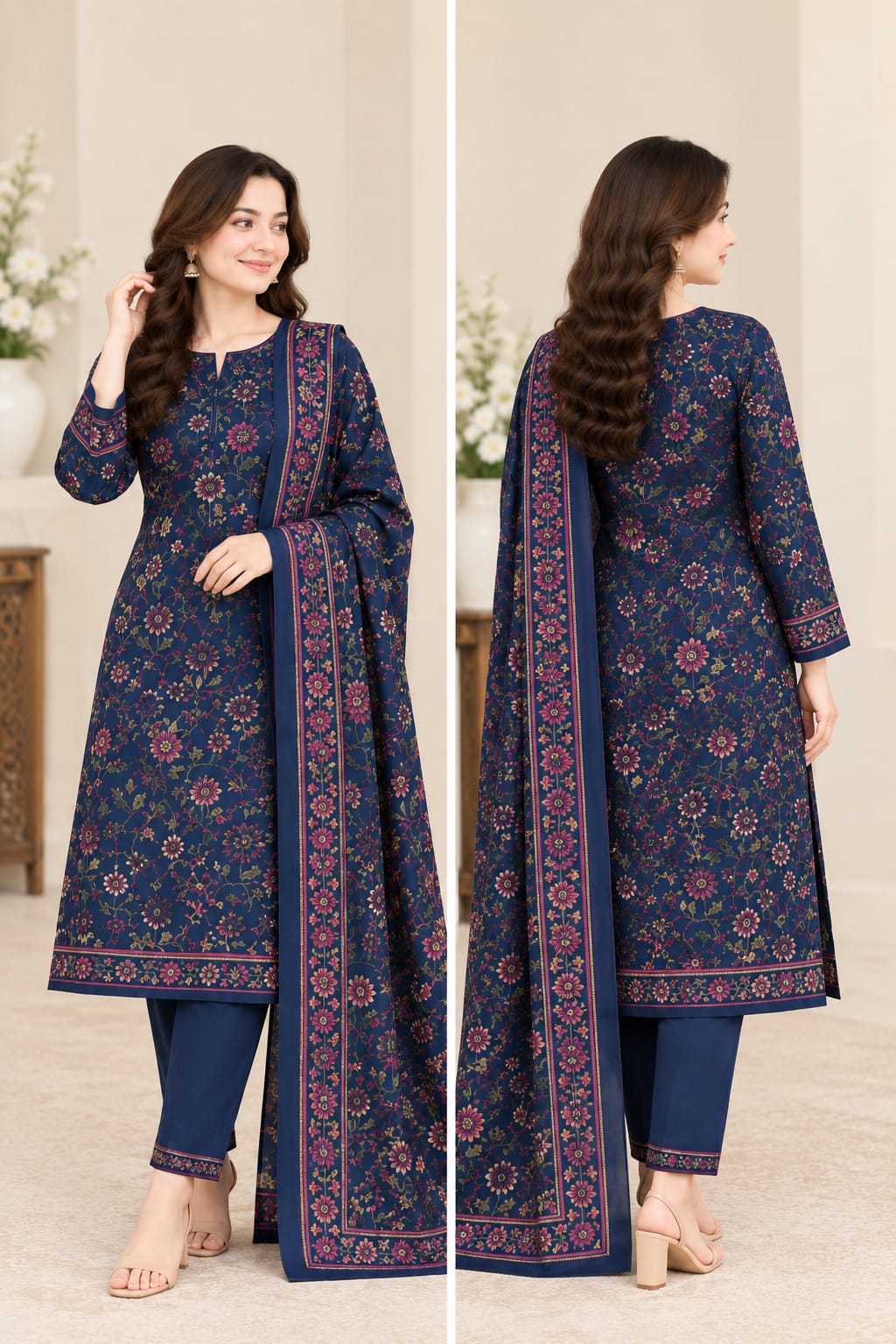 Dhanak 3PC Navy Blue Printed suit