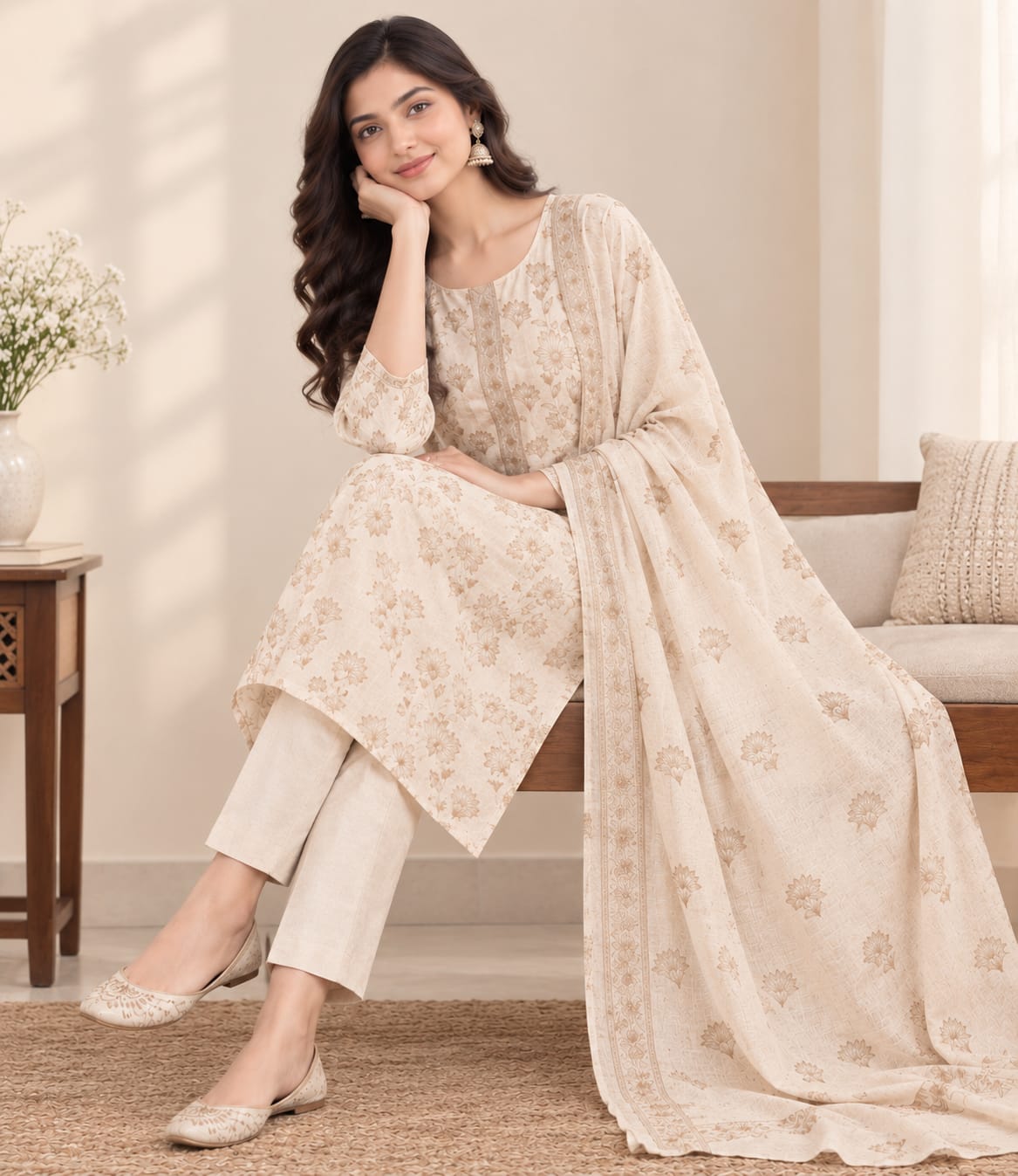 Cream Beige Floral 3-Piece Suit Unstitched