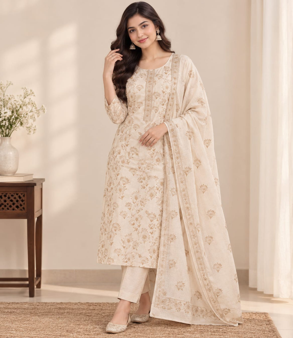 Cream Beige Floral 3-Piece Suit Unstitched