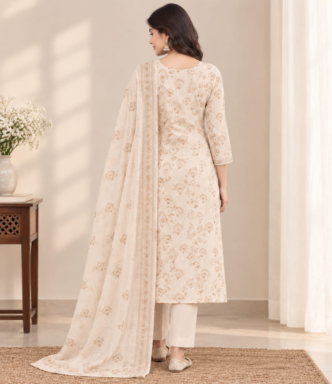 Cream Beige Floral 3-Piece Suit Unstitched
