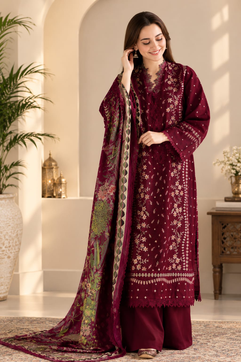 Maroon Izel Embroidered Dhanak 3-Piece Suit