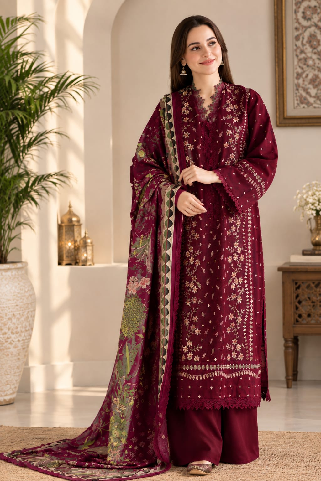 Maroon Izel Embroidered Dhanak 3-Piece Suit