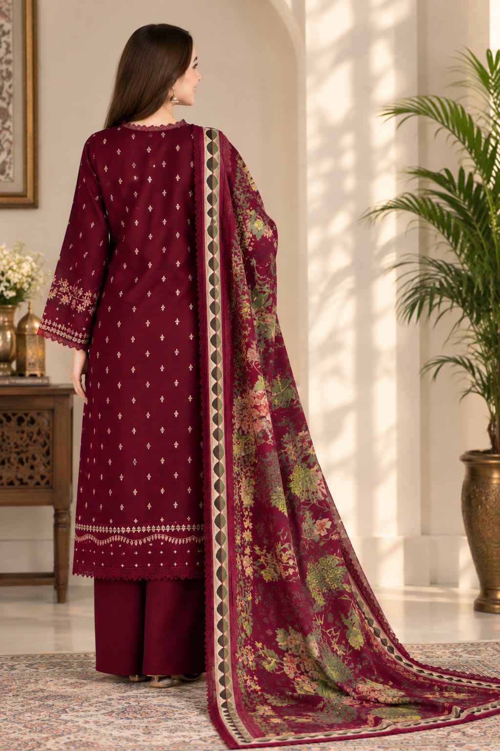 Maroon Izel Embroidered Dhanak 3-Piece Suit