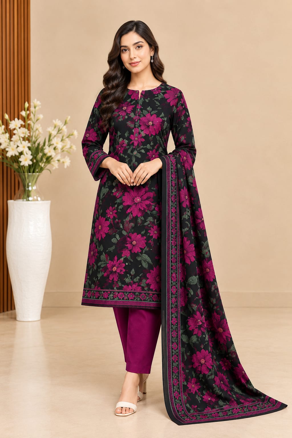 Black Magenta Dhanak Printed 3PC Suit
