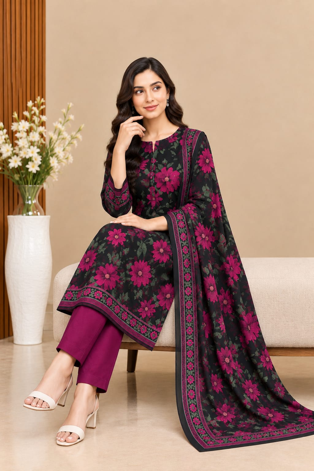 Black Magenta Dhanak Printed 3PC Suit