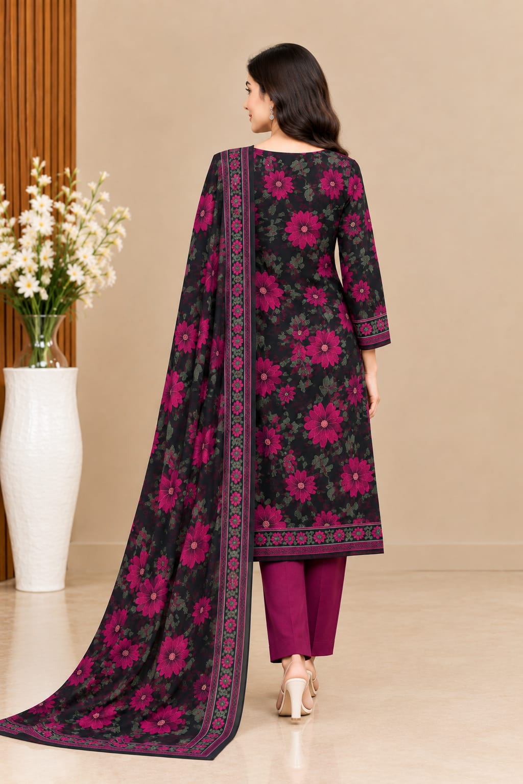 Black Magenta Dhanak Printed 3PC Suit