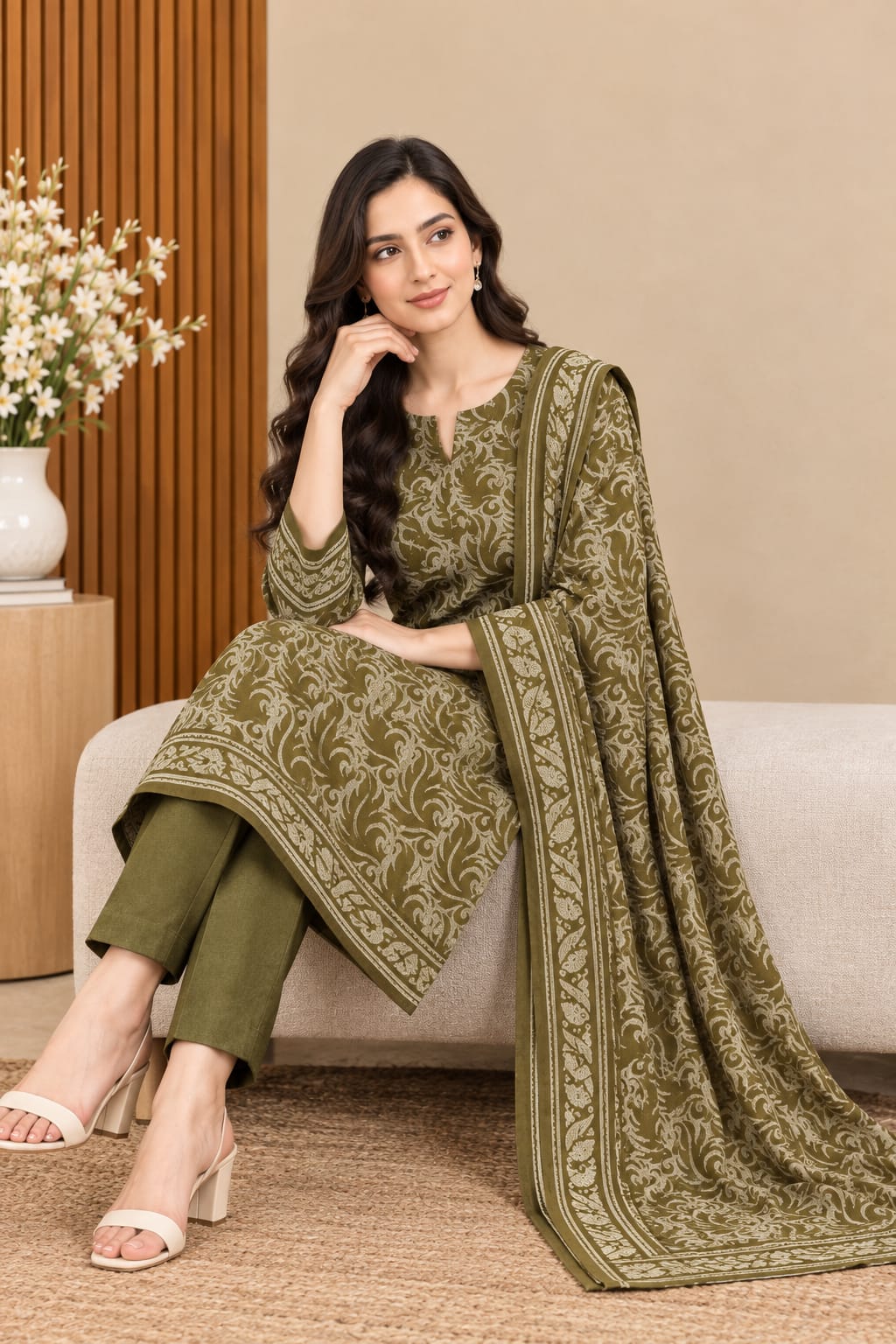 Olive Green 3PC Dhanak Suit unstitched