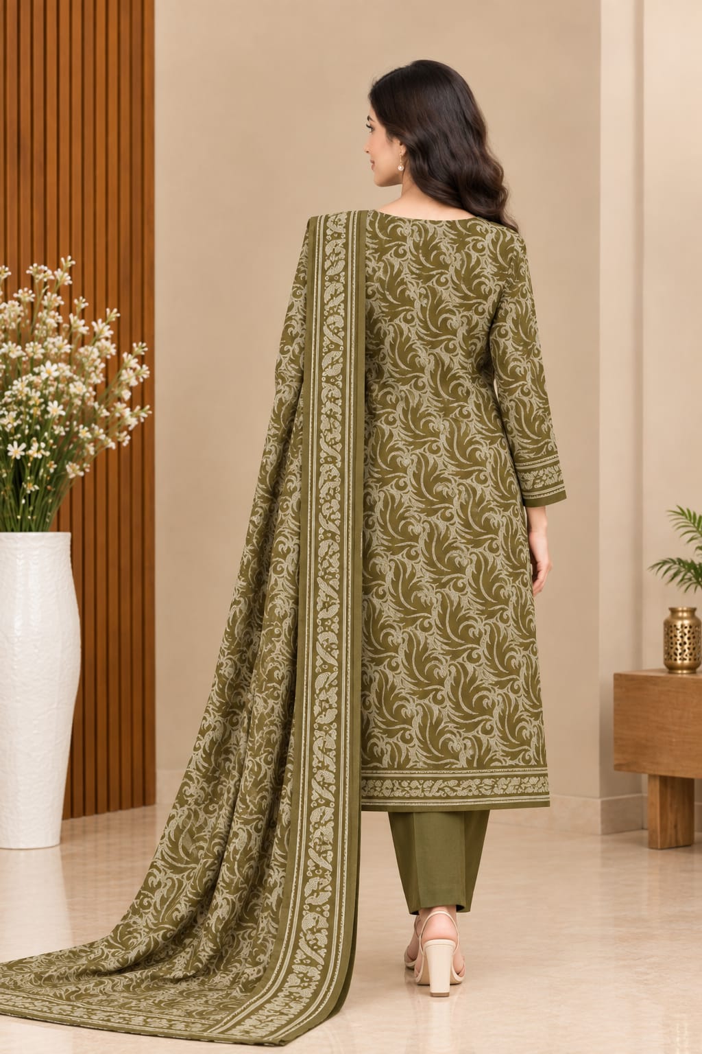 Olive Green 3PC Dhanak Suit unstitched