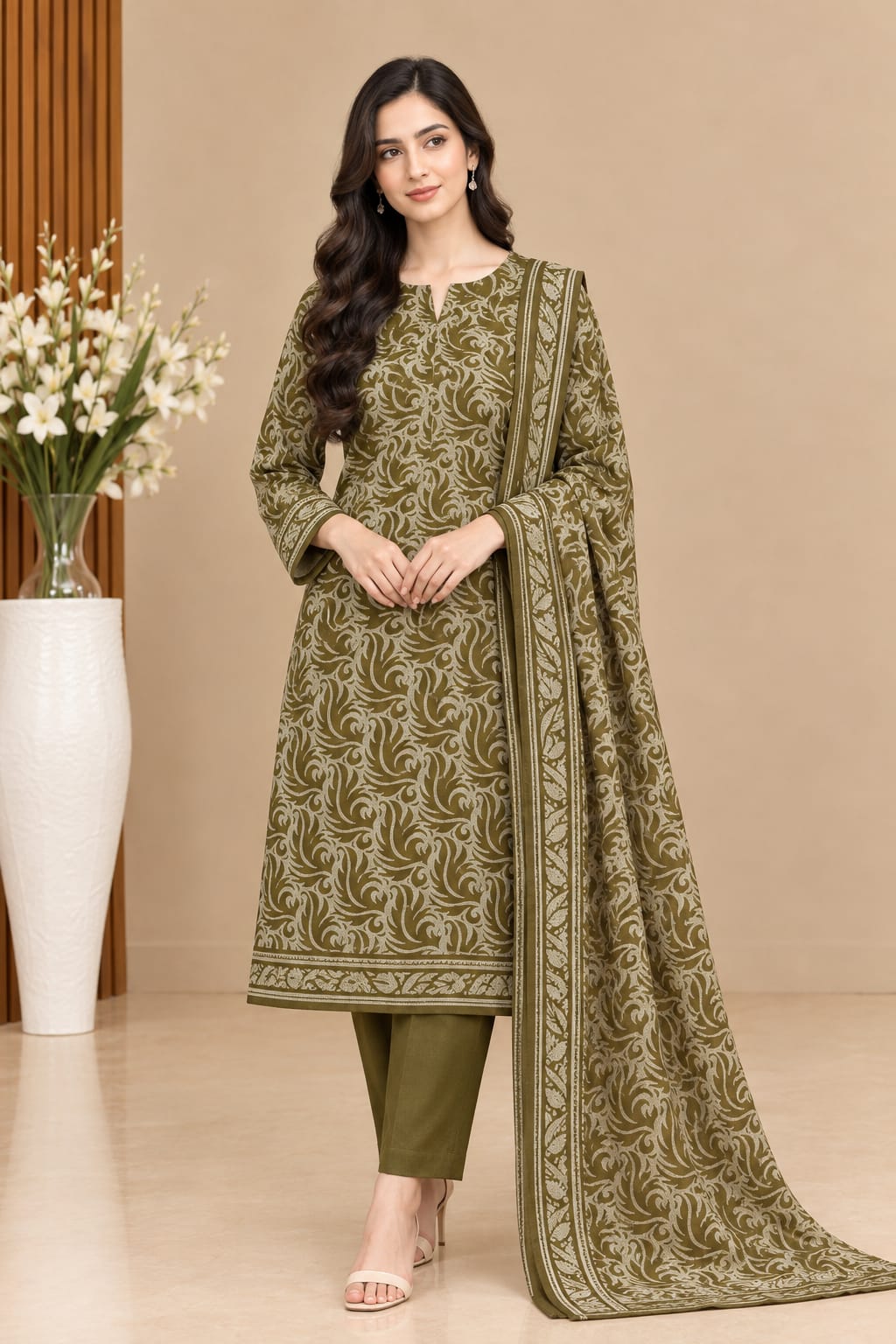 Olive Green 3PC Dhanak Suit unstitched