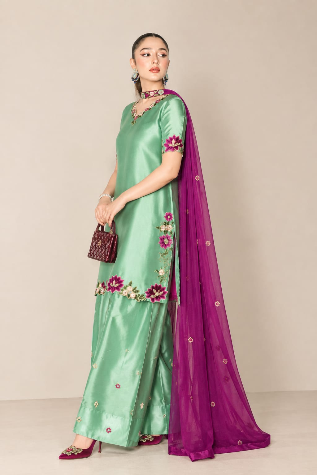 Mint Green Silk Embroidered 3-Piece Suit