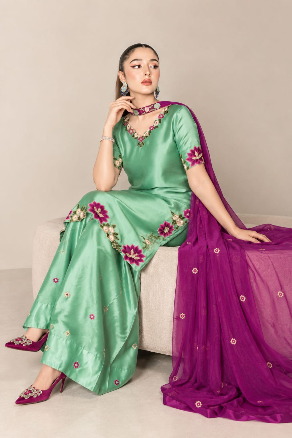 Mint Green Silk Embroidered 3-Piece Suit