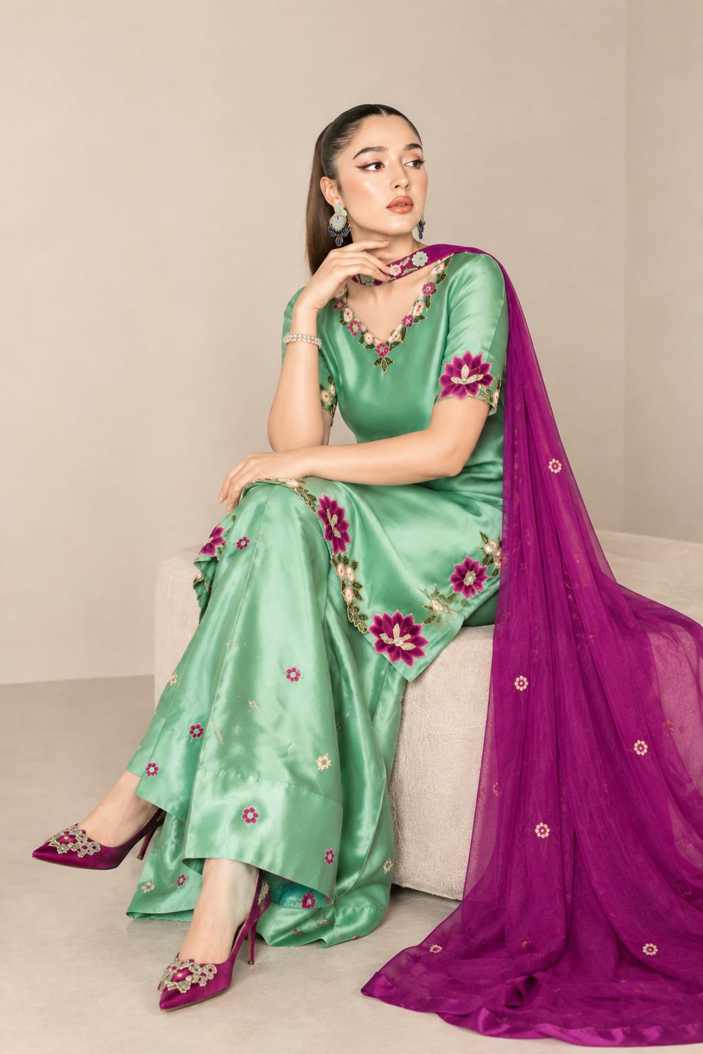 Mint Green Silk Embroidered 3-Piece Suit