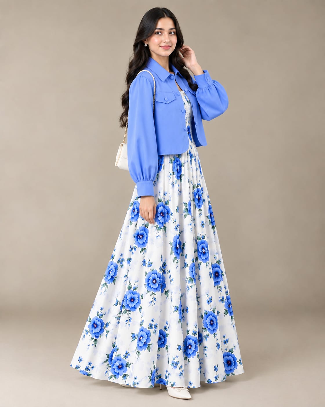 Blue Floral Printed Maxi with Jacket