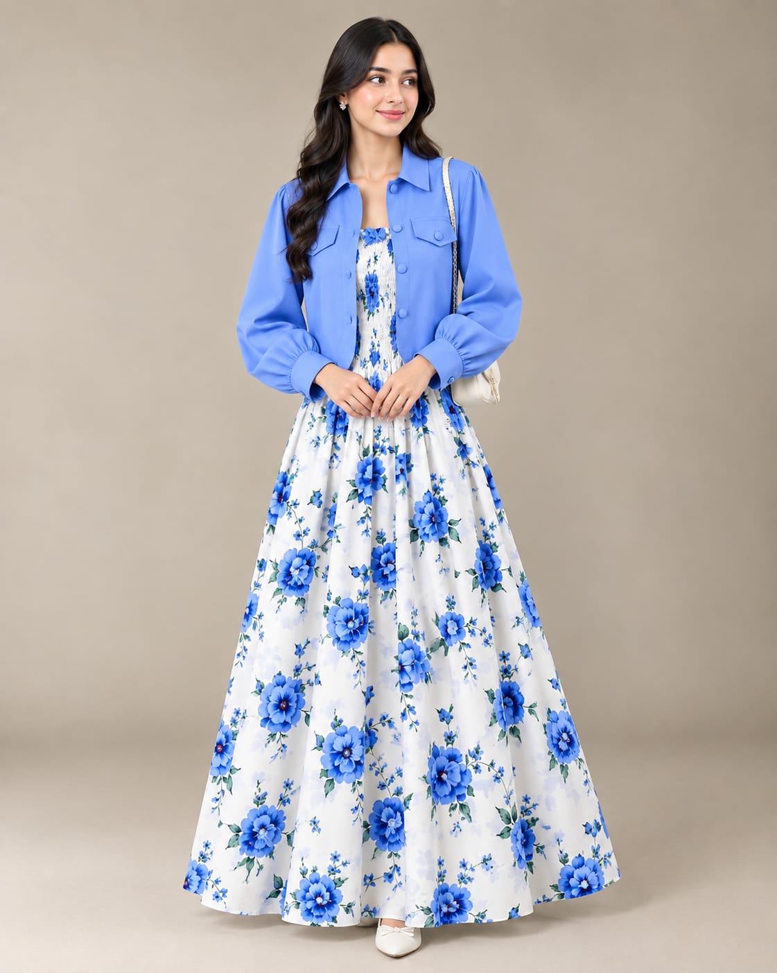 Blue Floral Printed Maxi with Jacket