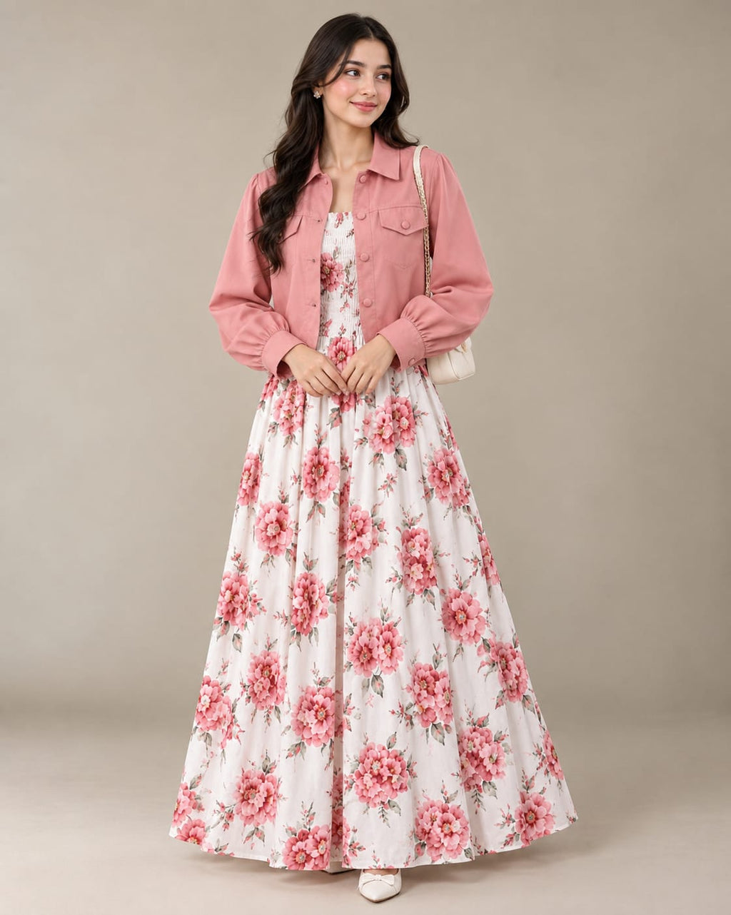 Pink Floral Printed Maxi with Jacket