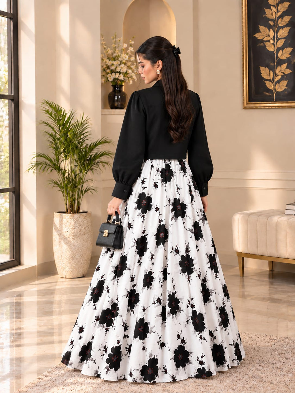 Black & White Floral Printed Maxi with Jacket
