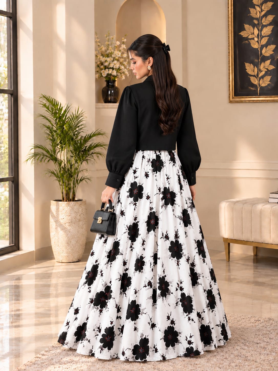 Black & White Floral Printed Maxi with Jacket