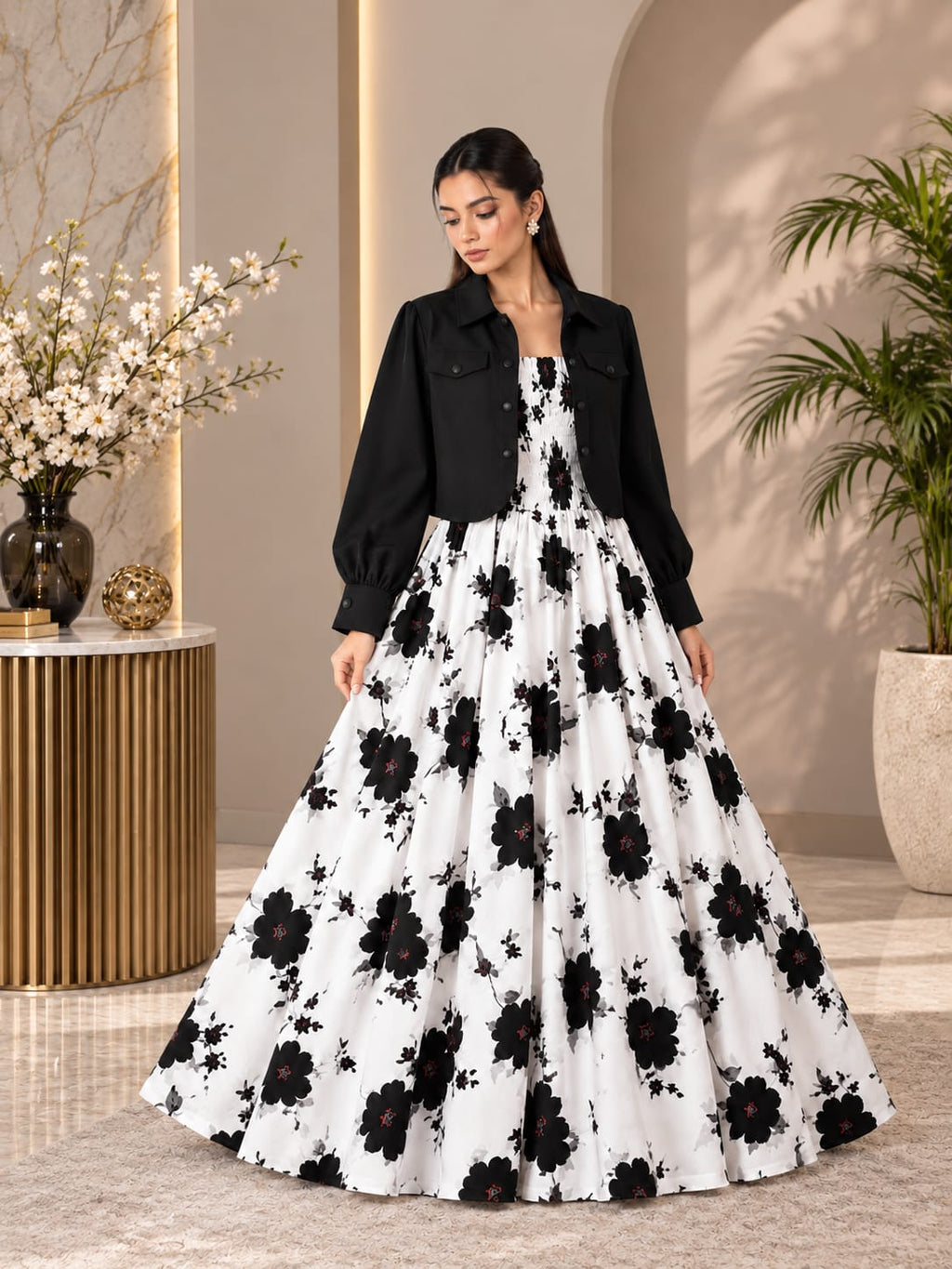 Black & White Floral Printed Maxi with Jacket