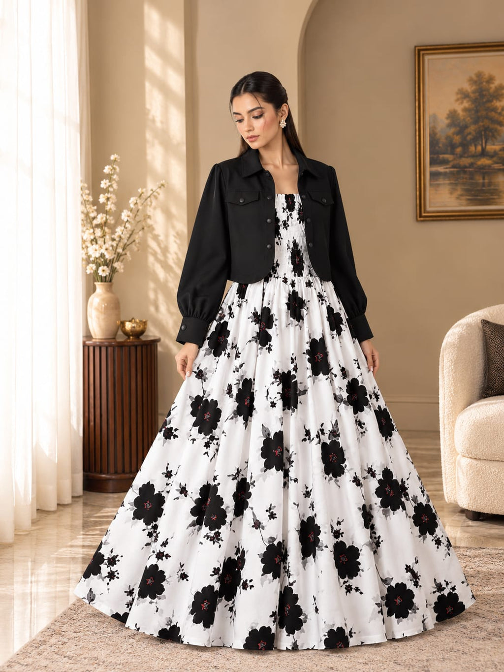 Black & White Floral Printed Maxi with Jacket