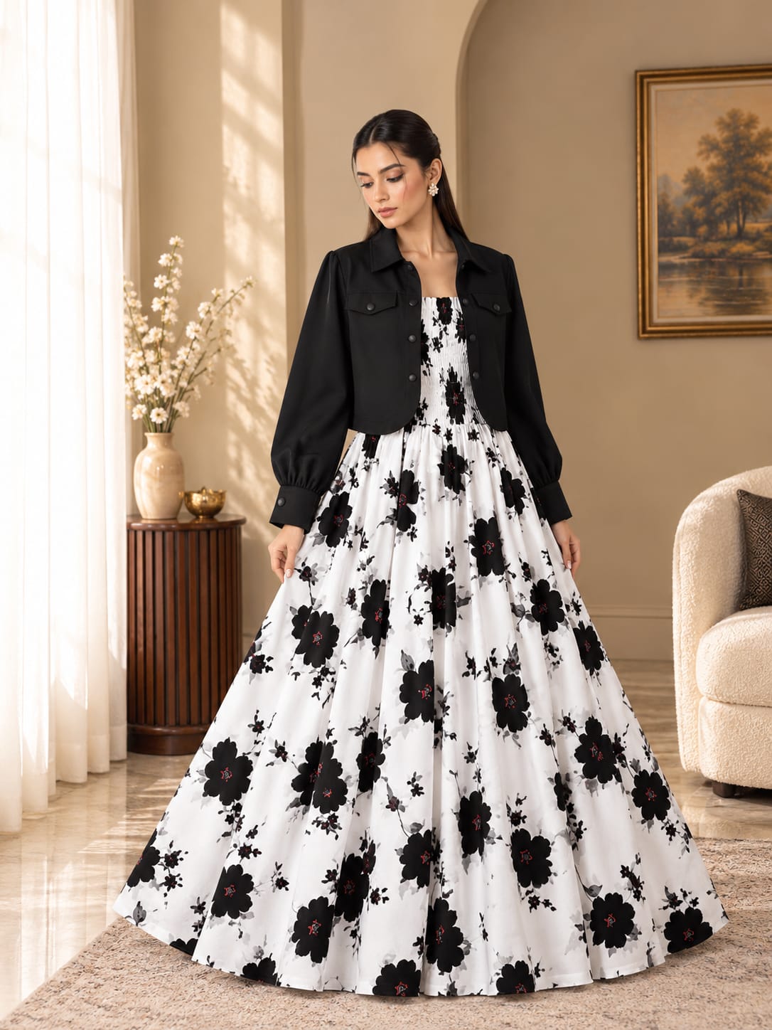 Black & White Floral Printed Maxi with Jacket