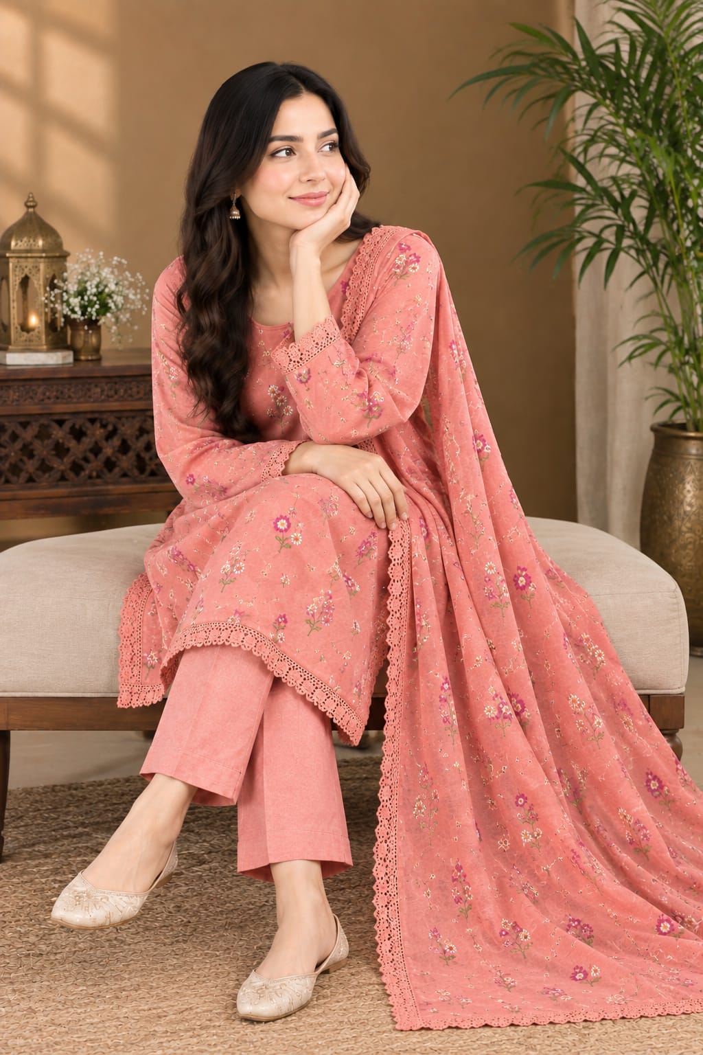 Aneels Peach Dhanak 3-Piece Suit