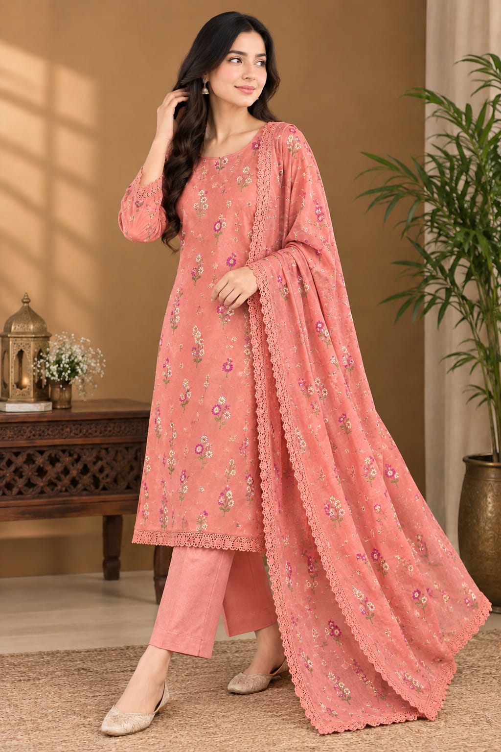 Aneels Peach Dhanak 3-Piece Suit