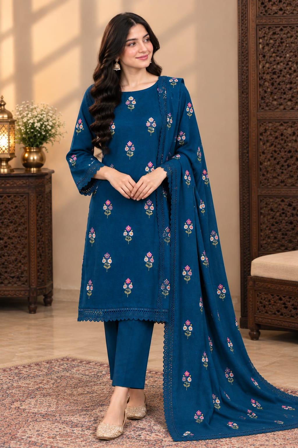 Aneels  Blue Dhanak Embroidered 3-Piece