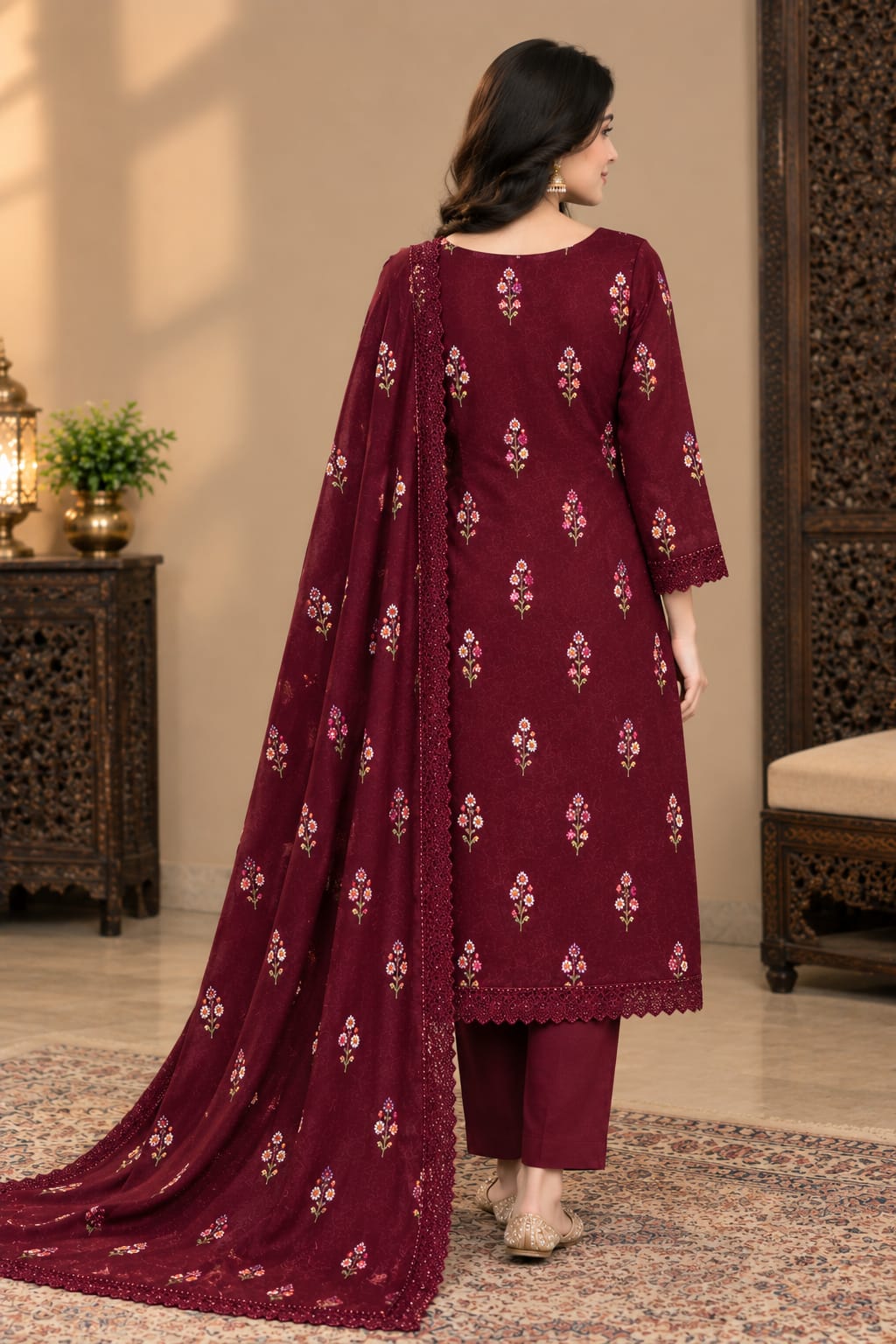 Aneels Maroon Dhanak 3-Piece Suit