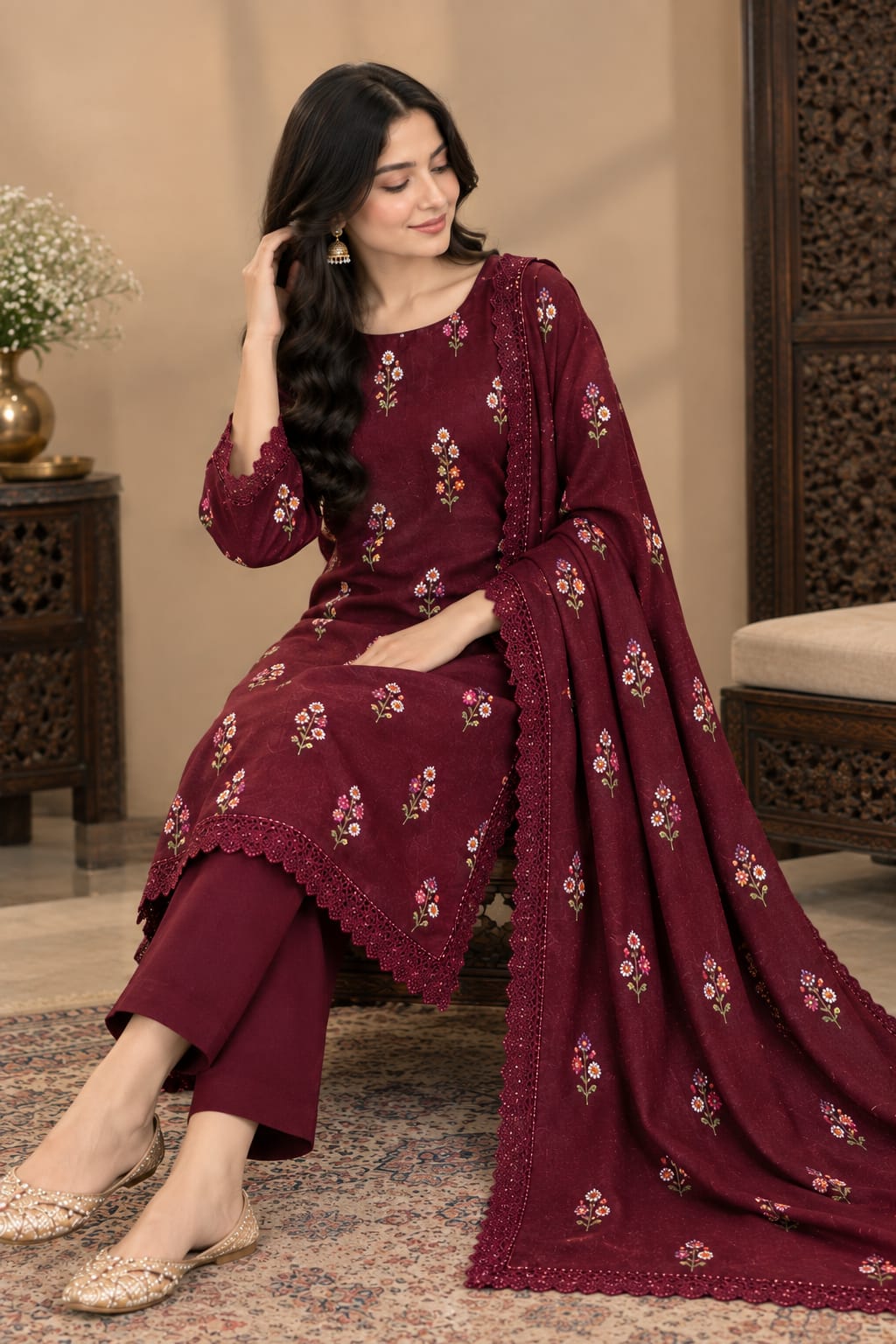 Aneels Maroon Dhanak 3-Piece Suit